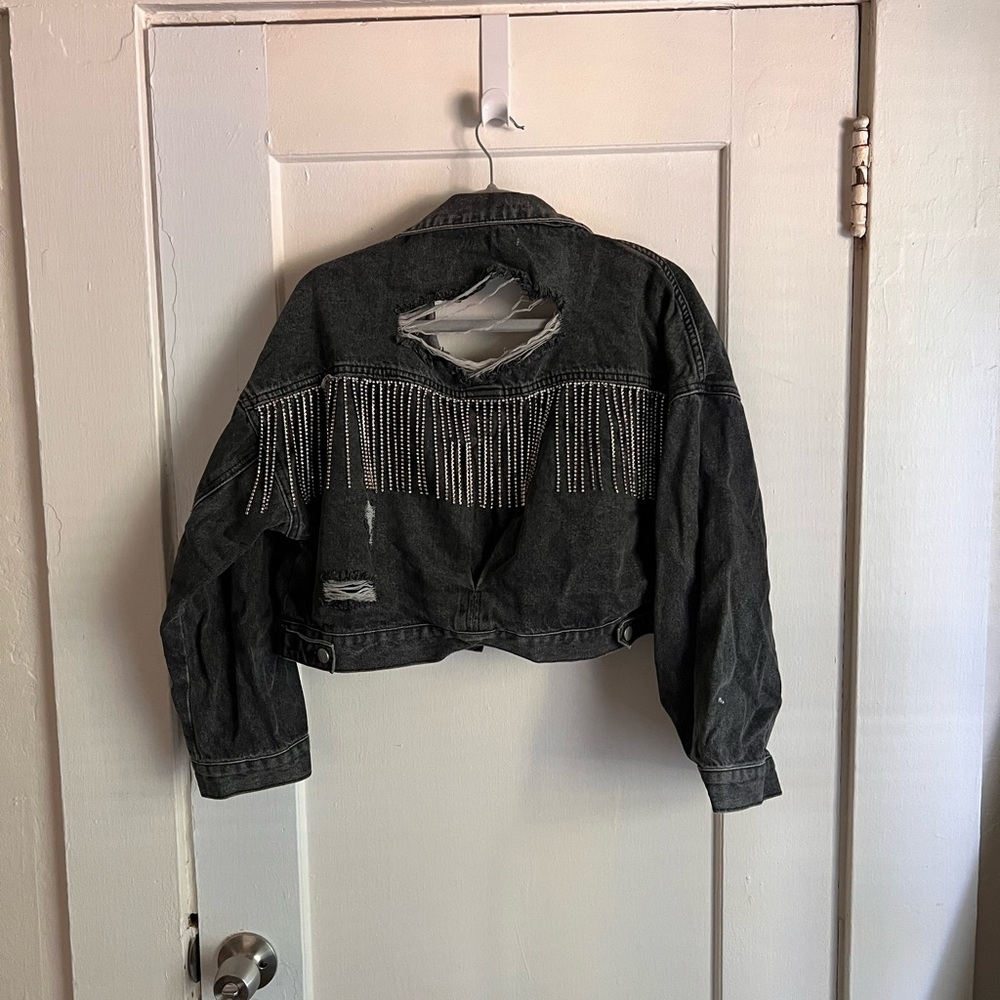 denim cropped rhinestone jacket